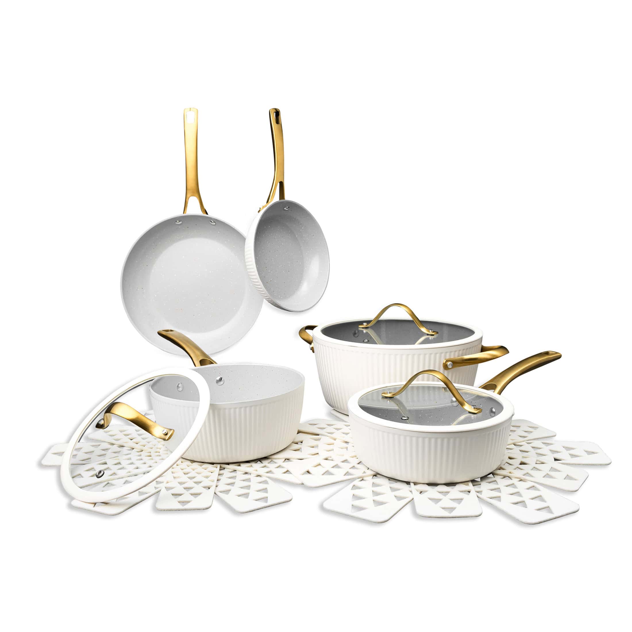 Thyme & Table Signature Ribbed 12-Piece Cookware Set Non-Stick- White & Gold