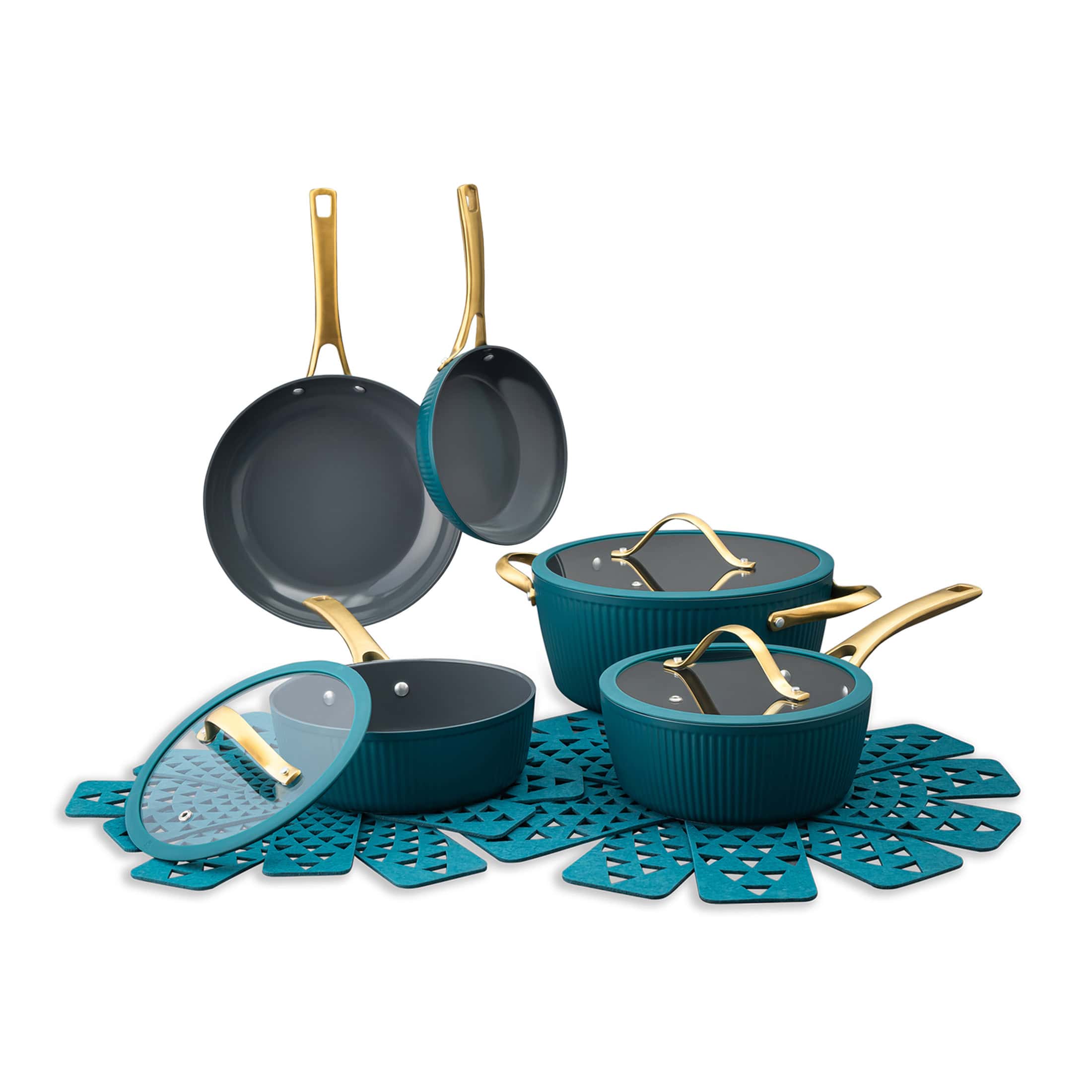 Thyme & Table Signature Ribbed 12-Piece Cookware Set Non-Stick - Peacock Blue