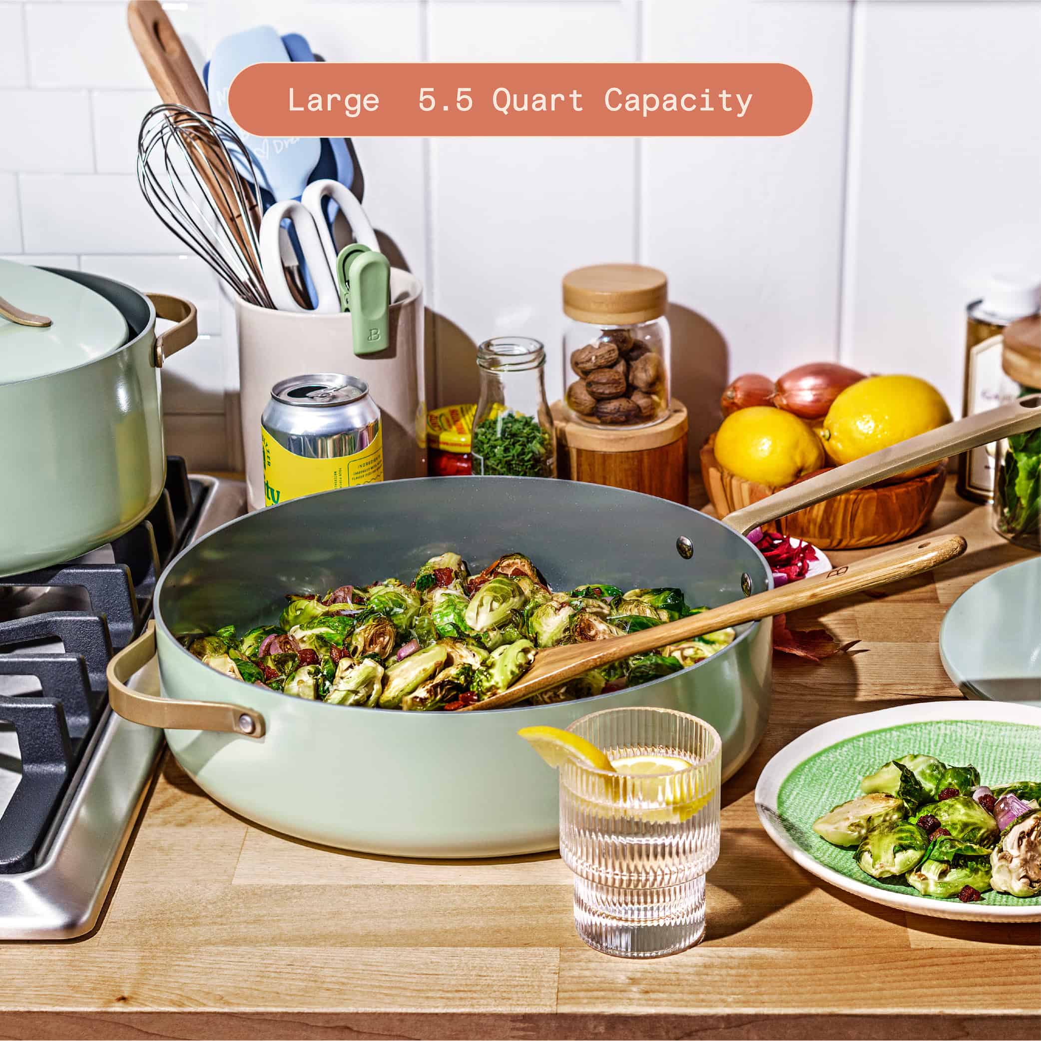 Beautiful 5.5 Quart Ceramic Non-Stick Sauté Pan, Sage Green by Drew Barrymore