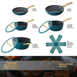 Thyme & Table Signature Ribbed 12-Piece Cookware Set Non-Stick - Peacock Blue