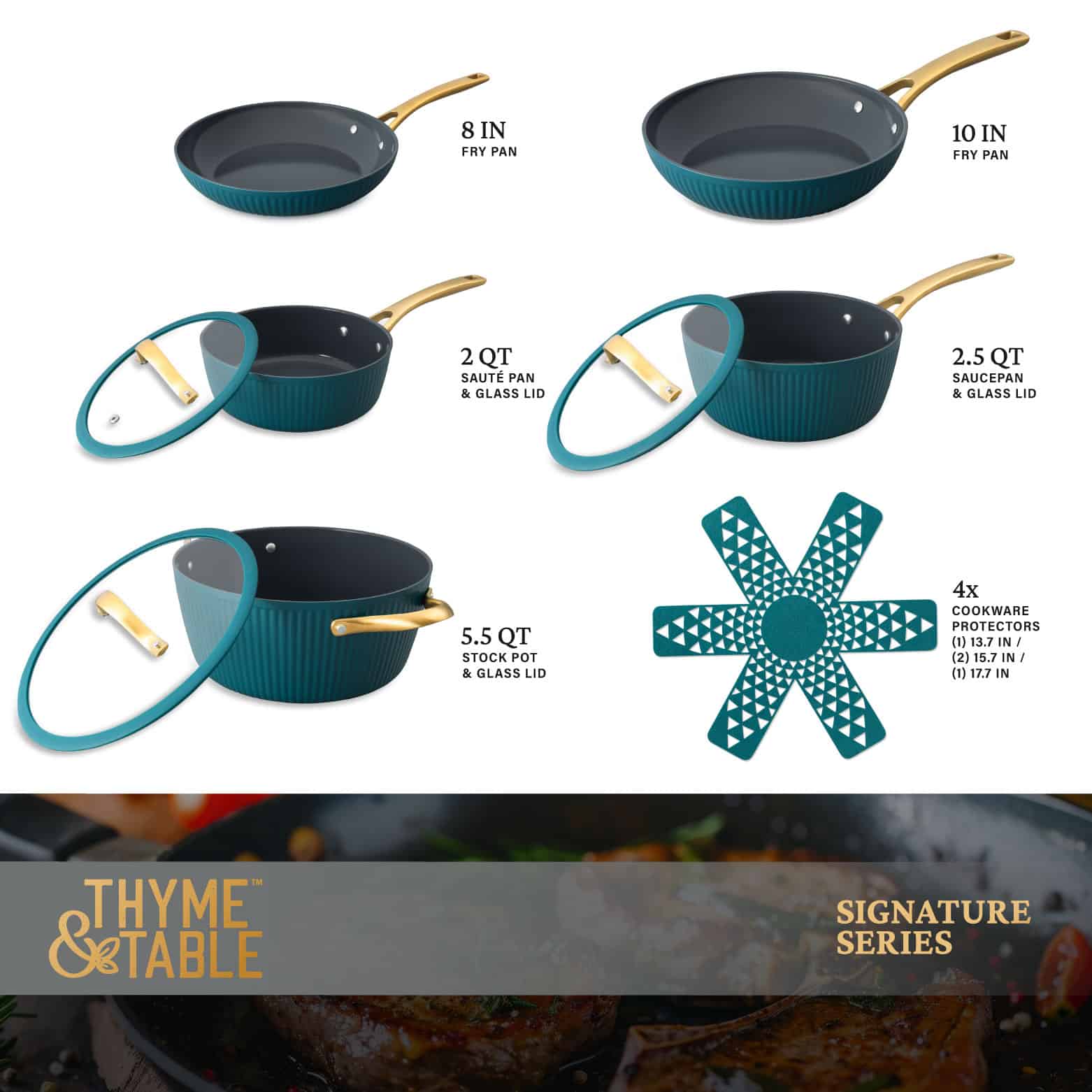 Thyme & Table Signature Ribbed 12-Piece Cookware Set Non-Stick - Peacock Blue