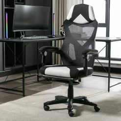 Gamer Gear Gaming Office Chair with Extendable Leg Rest, White and Black Fabric Upholstery