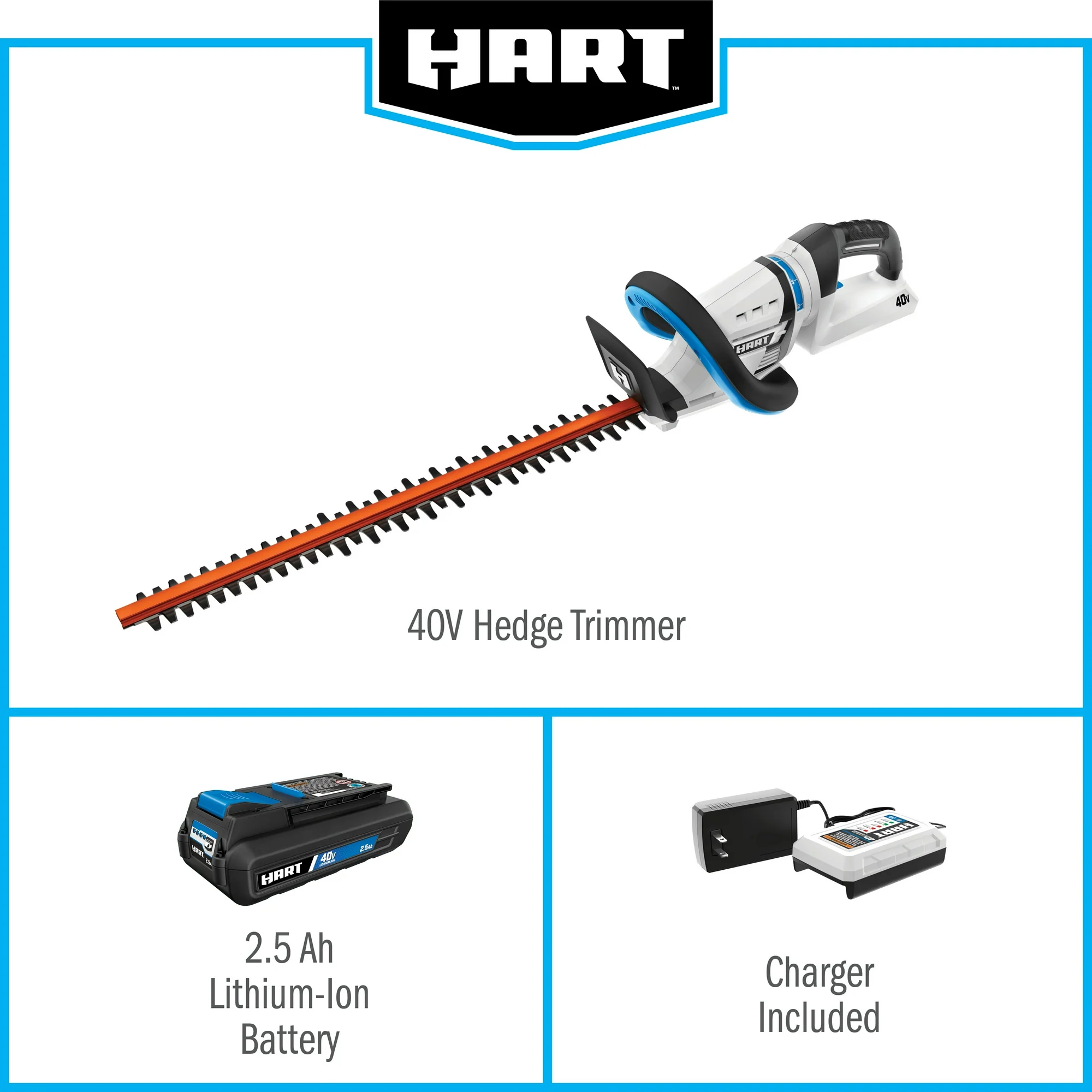 HART 40-Volt 24-inch Cordless Hedge Trimmer Kit, (1) 2.5Ah Lithium-Ion Battery