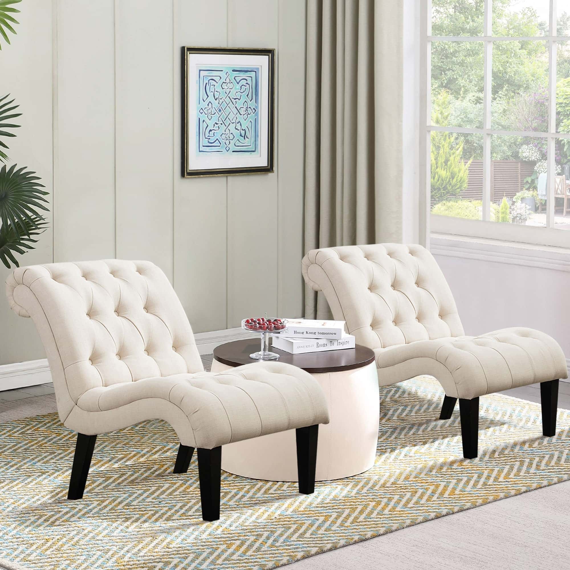 Andeworld Accent Chair for Bedroom Living Room Chairs Tufted Upholstered Lounge Chair with Wood Legs Linen Fabric, Cream