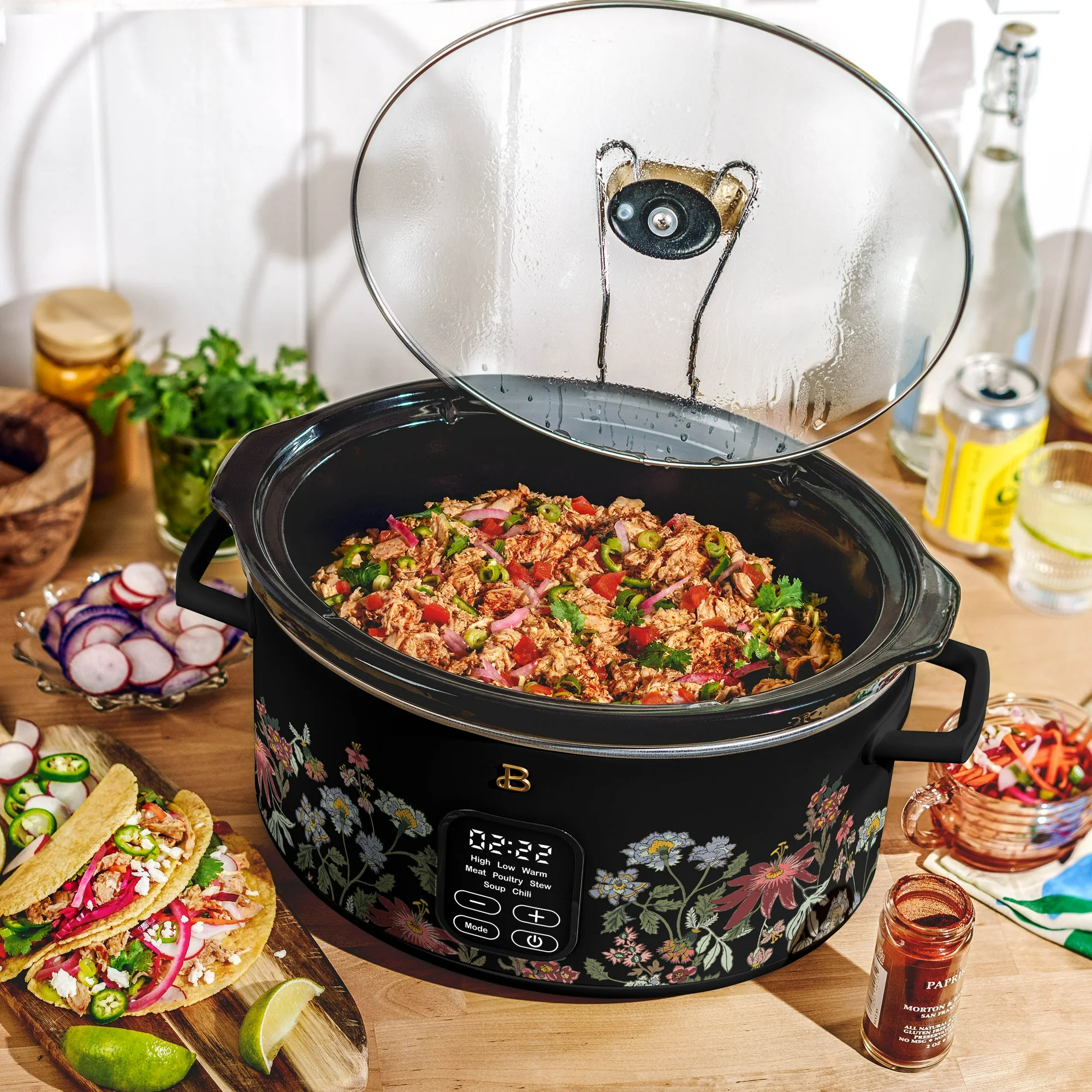 Beautiful 6 Qt Programmable Slow Cooker, Wildflower by Drew Barrymore, Black
