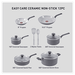 T-fal Easy Care Ceramic Non-Stick, 12 Piece Pots and Pans Cookware Set, Grey