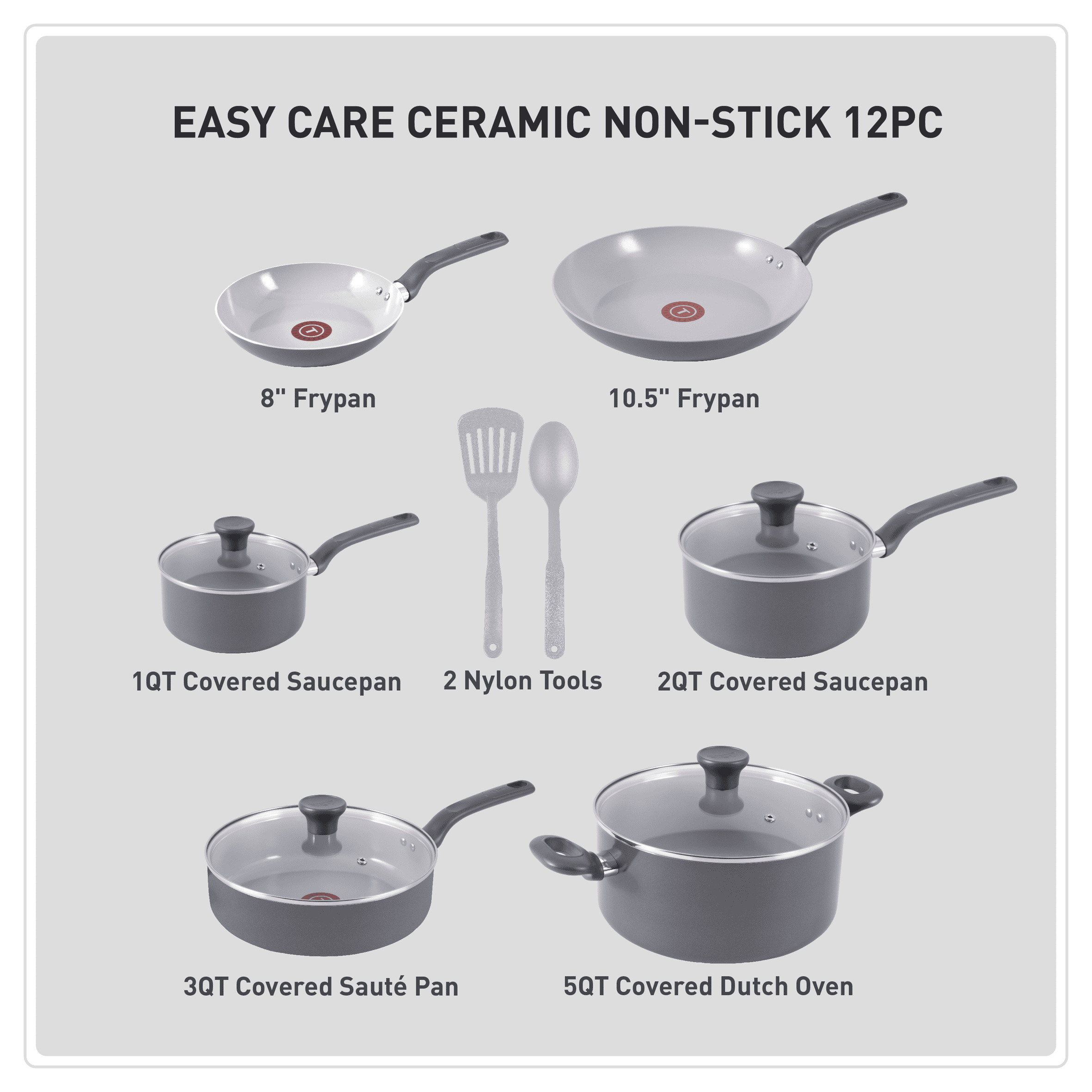 T-fal Easy Care Ceramic Non-Stick, 12 Piece Pots and Pans Cookware Set, Grey