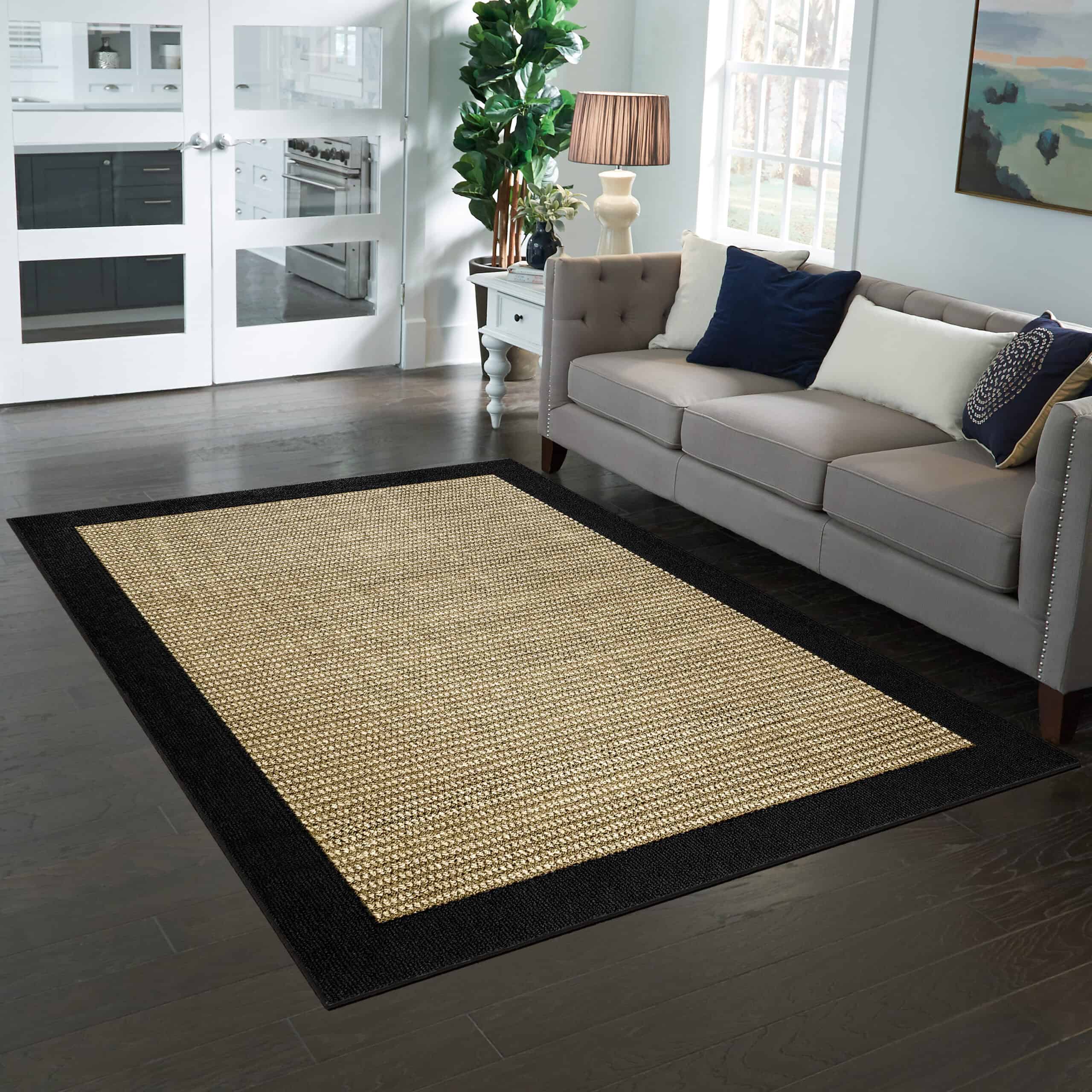 Mainstays Traditional Faux Sisal Olefin Black Border Indoor Living Room Area Rug, 7'6"x10', Black