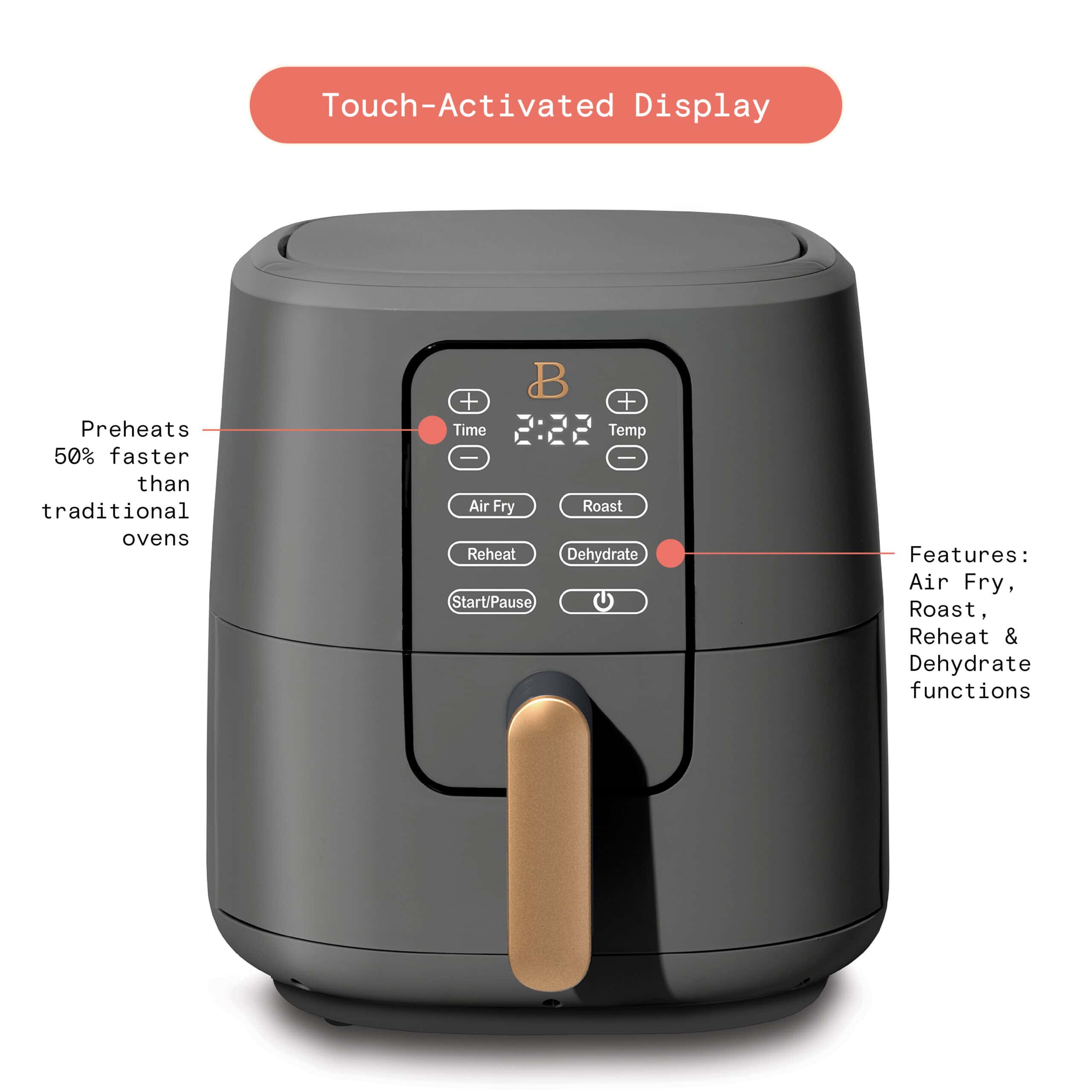 Beautiful 6 Qt Air Fryer with TurboCrisp Technology and Touch-Activated Display, Oyster Grey by Drew Barrymore