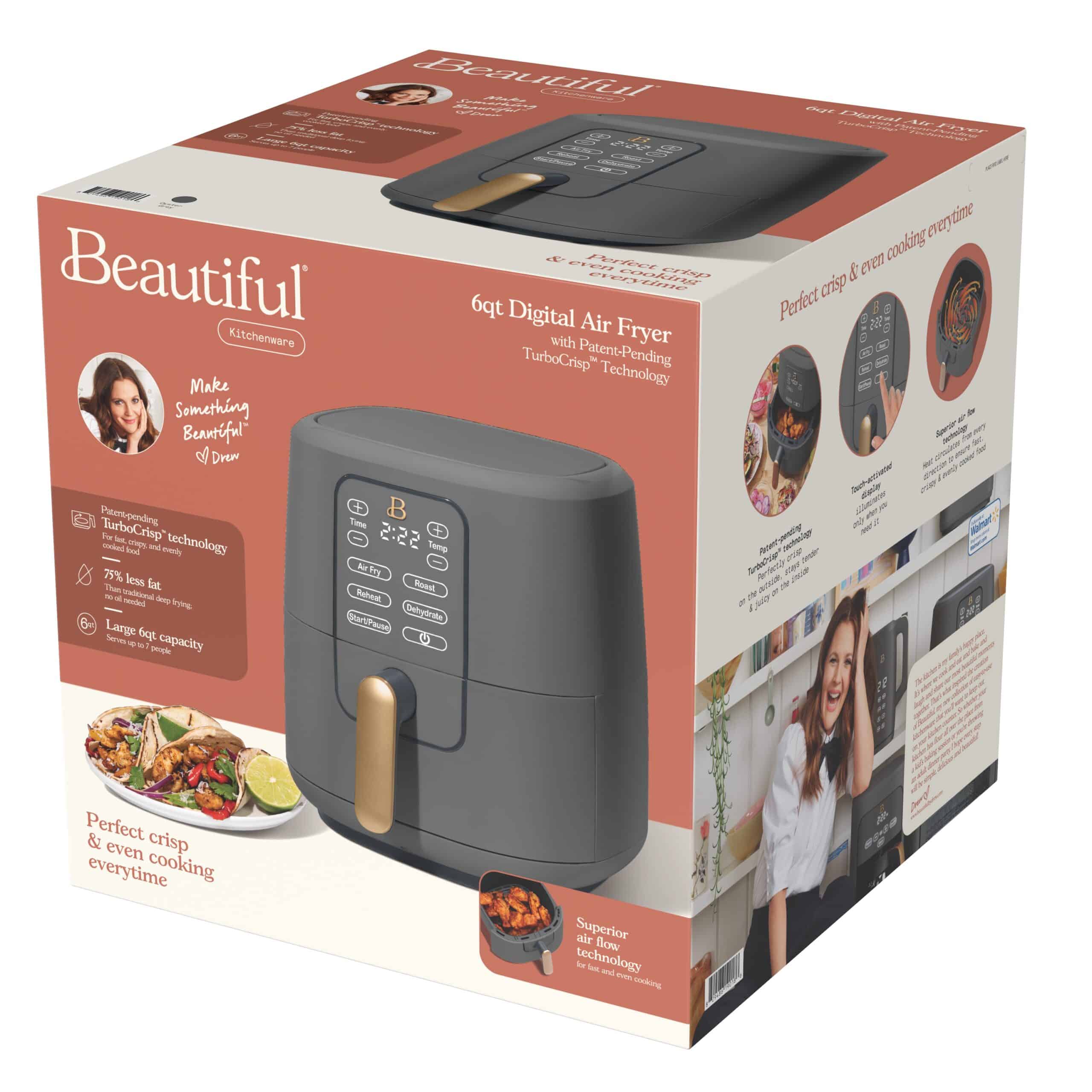 Beautiful 6 Qt Air Fryer with TurboCrisp Technology and Touch-Activated Display, Oyster Grey by Drew Barrymore