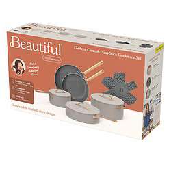 Beautiful 12pc Ceramic Non-Stick Cookware Set, Porcini Taupe by Drew Barrymore