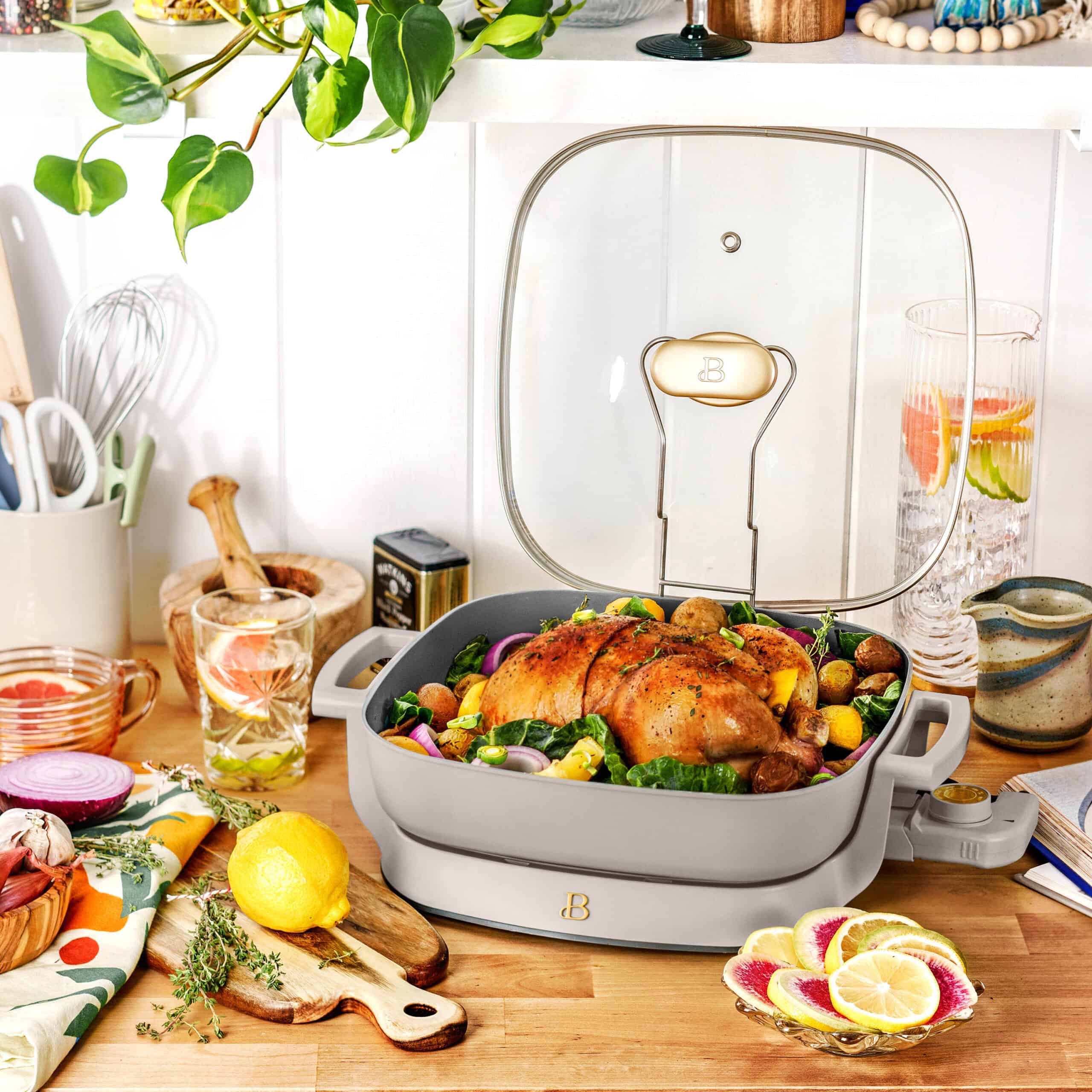 Beautiful 5 in 1 Electric Skillet - Expandable up to 7 Qt with Glass Lid, Porcini Taupe by Drew Barrymore