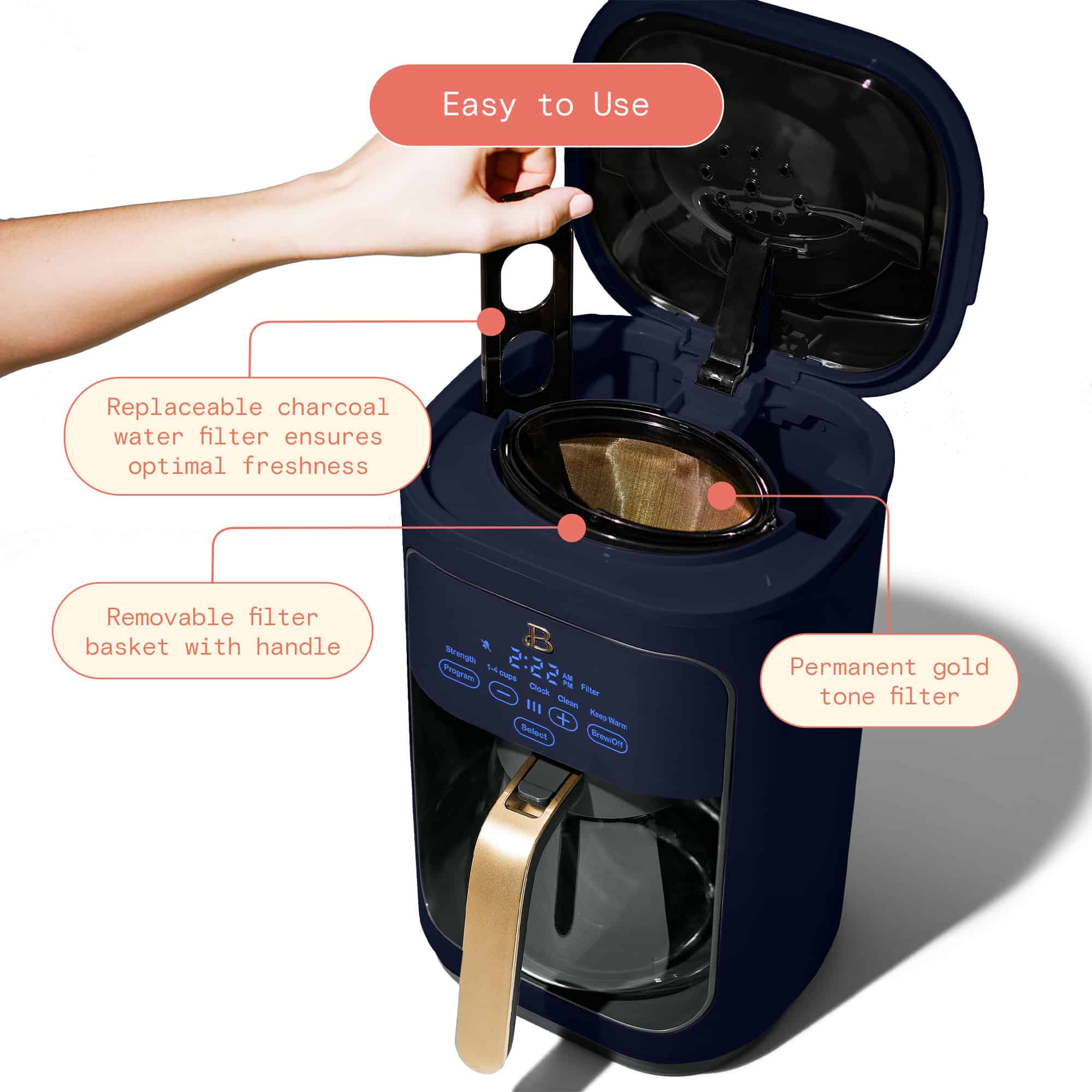 Beautiful 14-Cup Programmable Drip Coffee Maker with Touch-Activated Display, Starry Night by Drew Barrymore, Blue