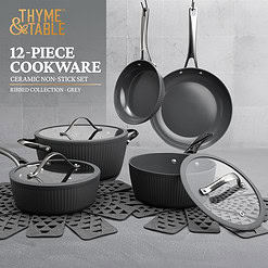 Thyme & Table Signature Ribbed 12-Piece Cookware Set Non-Stick- Grey