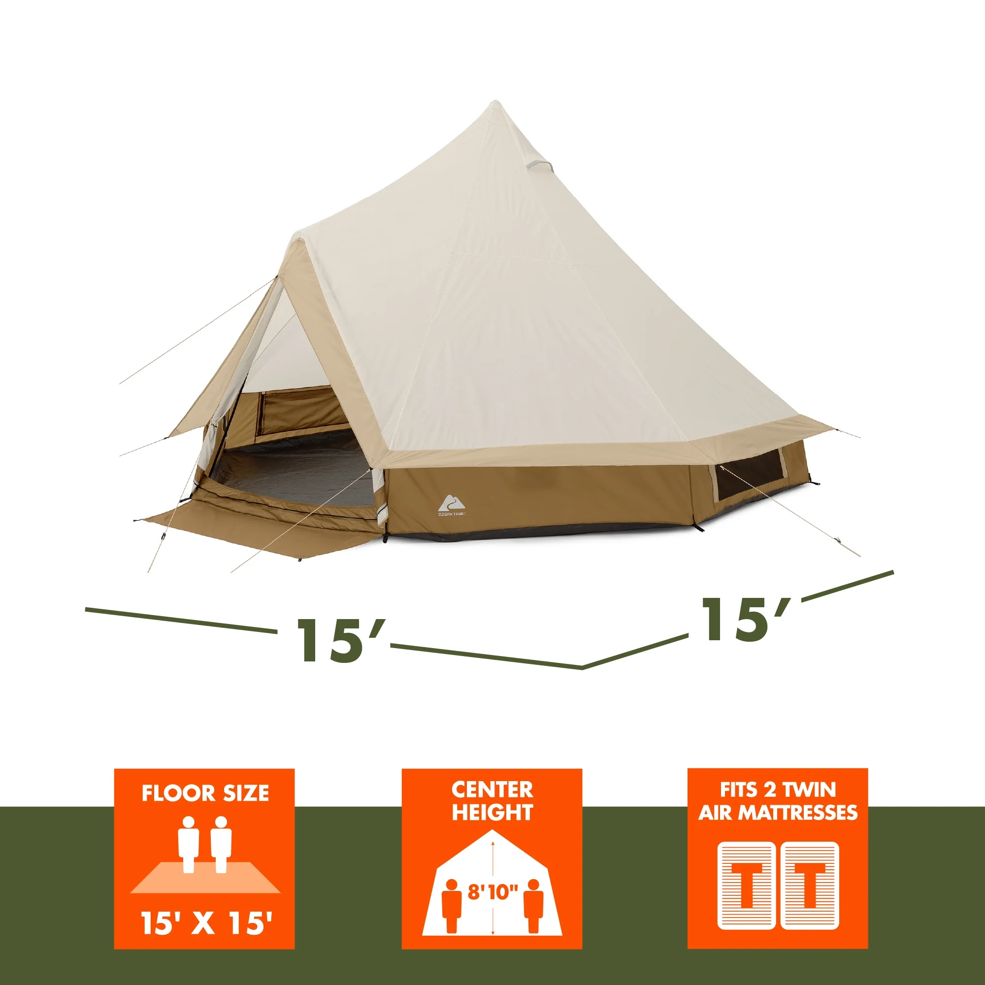 Ozark Trail 15' x 15' 8-Person Glamping Bell Tent with String Lights, 22.57 lbs - Image 9