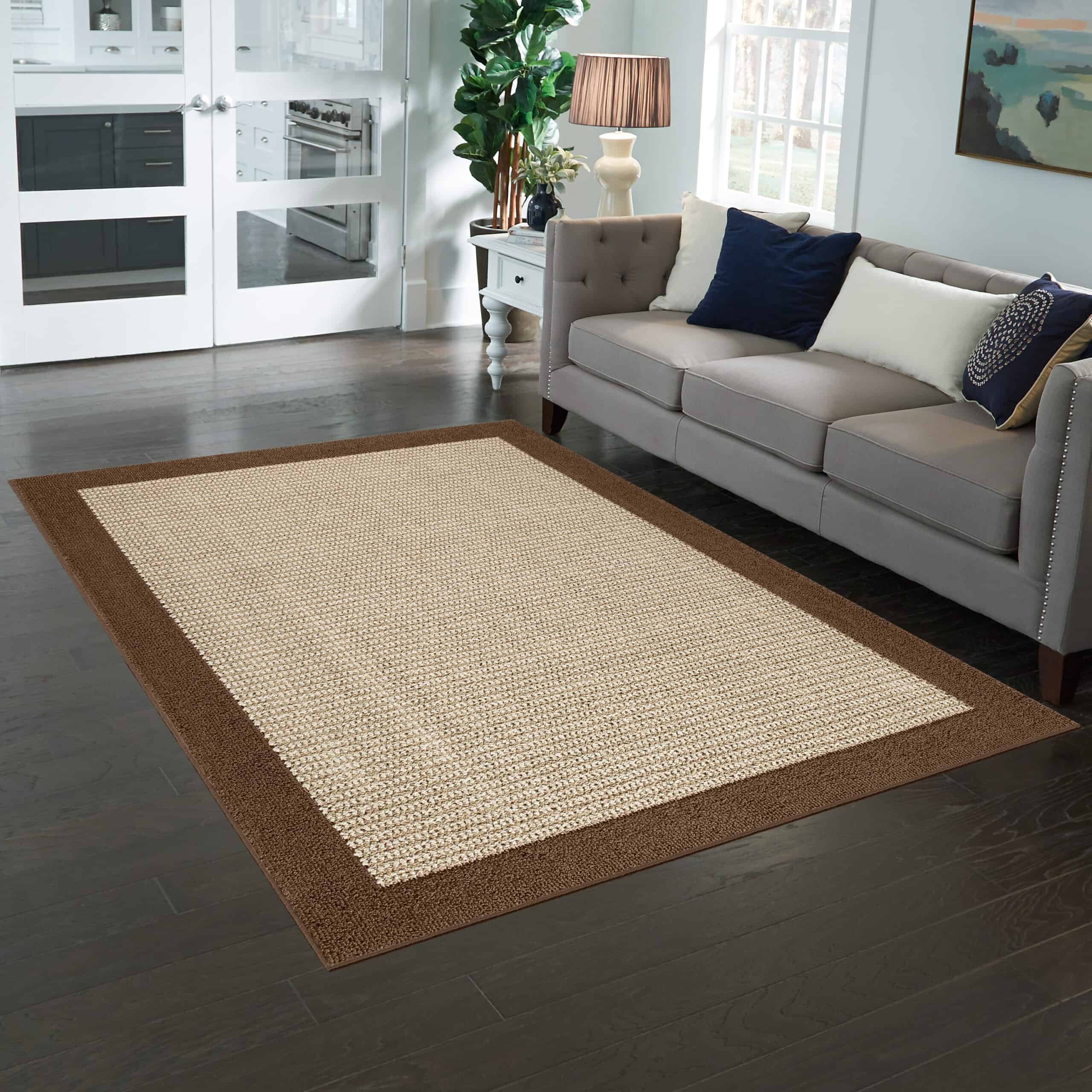 Mainstays Traditional Faux Sisal Olefin Brown Border Indoor Living Room Area Rug, 7'6"x10', Brown