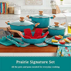 The Pioneer Woman Prairie Signature 14-Piece Cast Aluminum Cookware Set, Teal Speckle