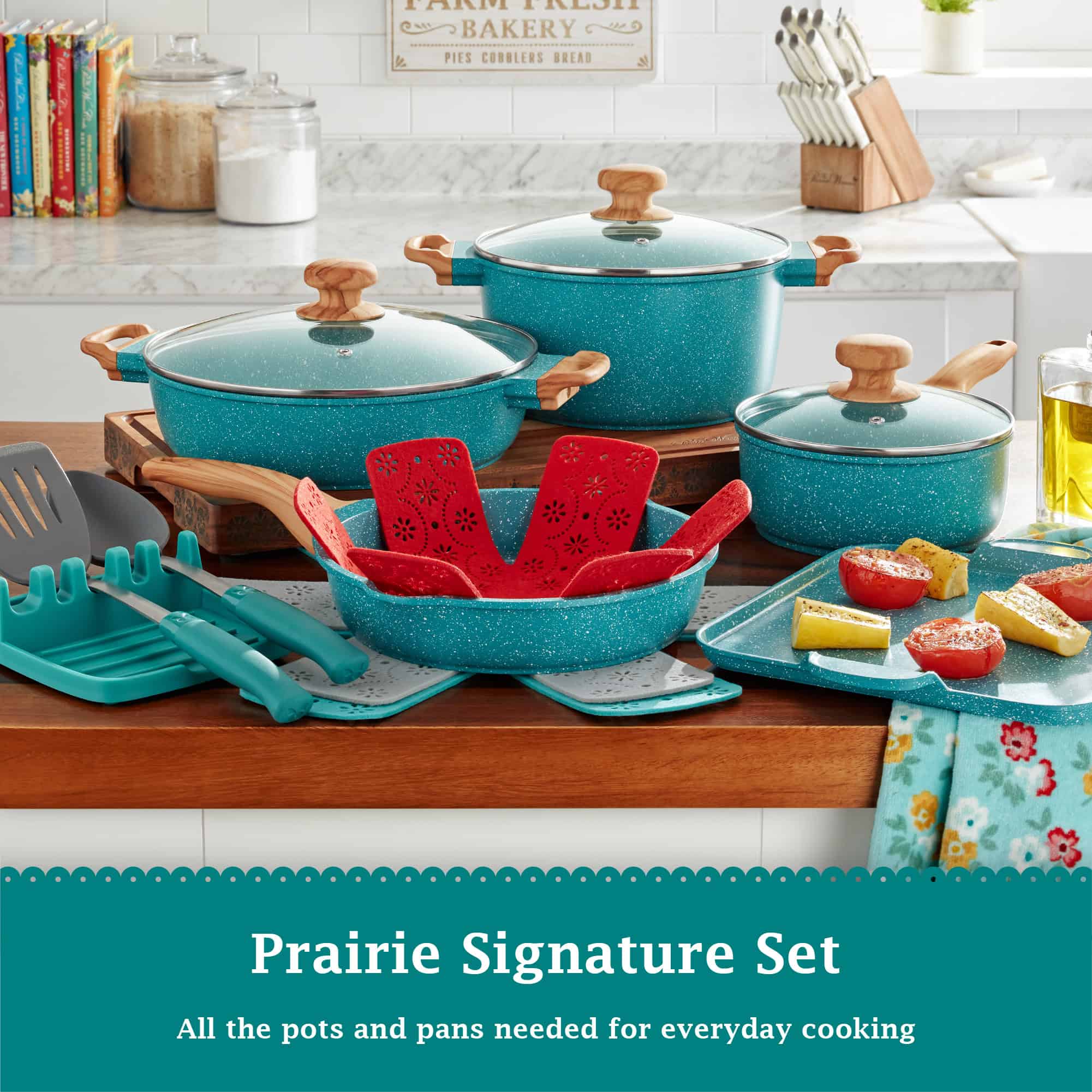 The Pioneer Woman Prairie Signature 14-Piece Cast Aluminum Cookware Set, Teal Speckle