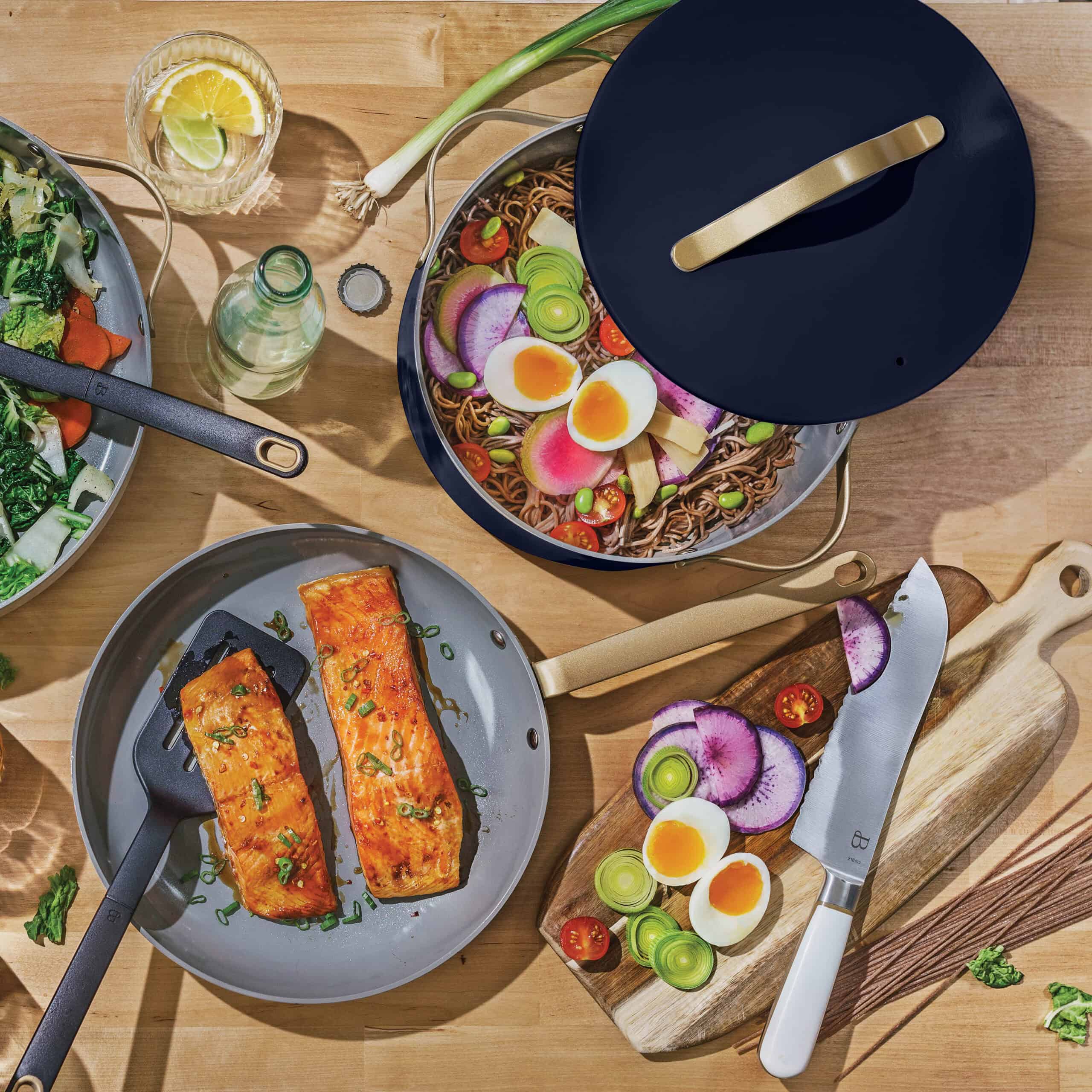 Beautiful 12pc Ceramic Non-Stick Cookware Set, Starry Night by Drew Barrymore, Blue