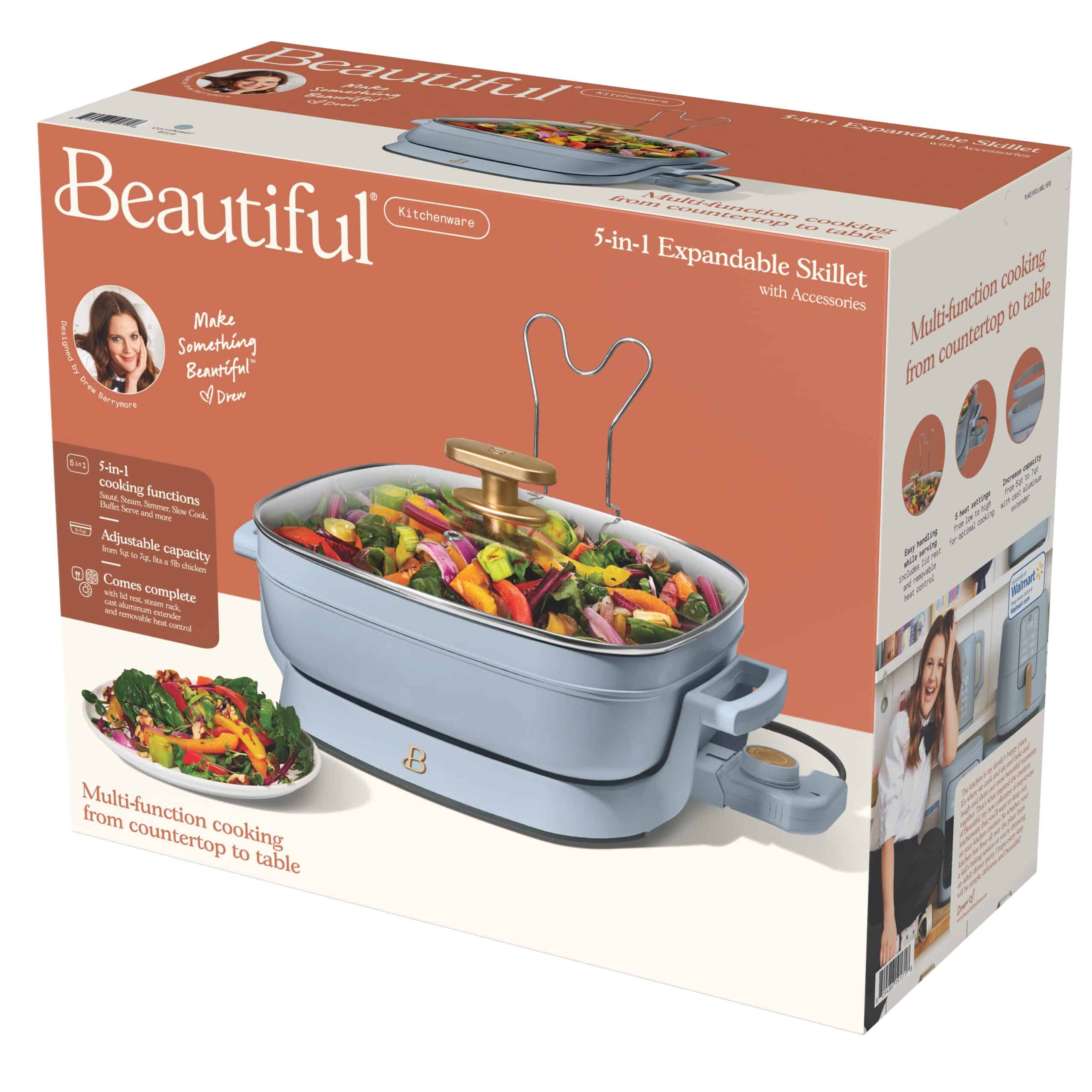 Beautiful 5 in 1 Electric Skillet - Expandable up to 7 Qt with Glass Lid, Cornflower Blue by Drew Barrymore
