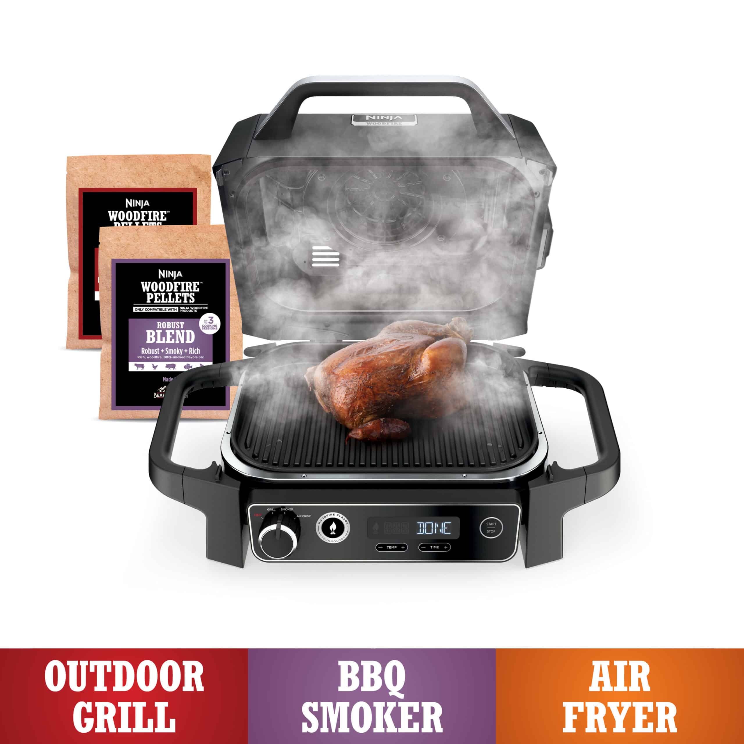 Ninja Woodfire 141 sq in 1760 Watts Electric Outdoor Grill & Smoker with Air Fry, BBQ Smoke, and Real Wood Pellet Flavor