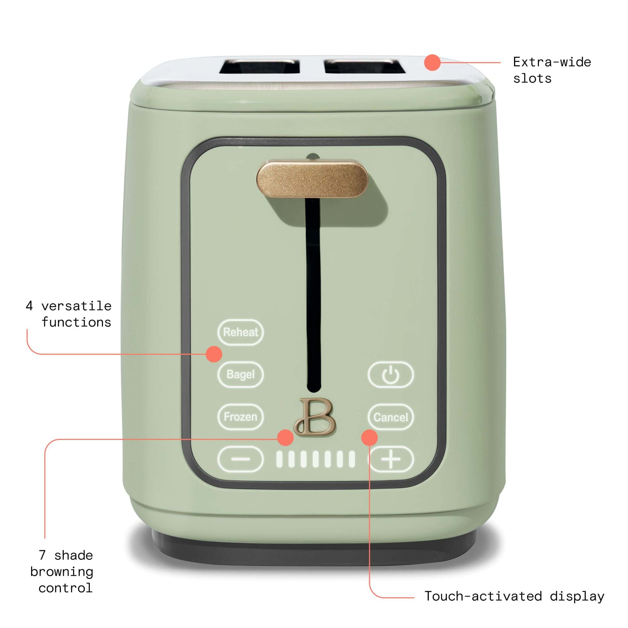 Beautiful 2 Slice Toaster with Touch-Activated Display, Sage Green by Drew Barrymore