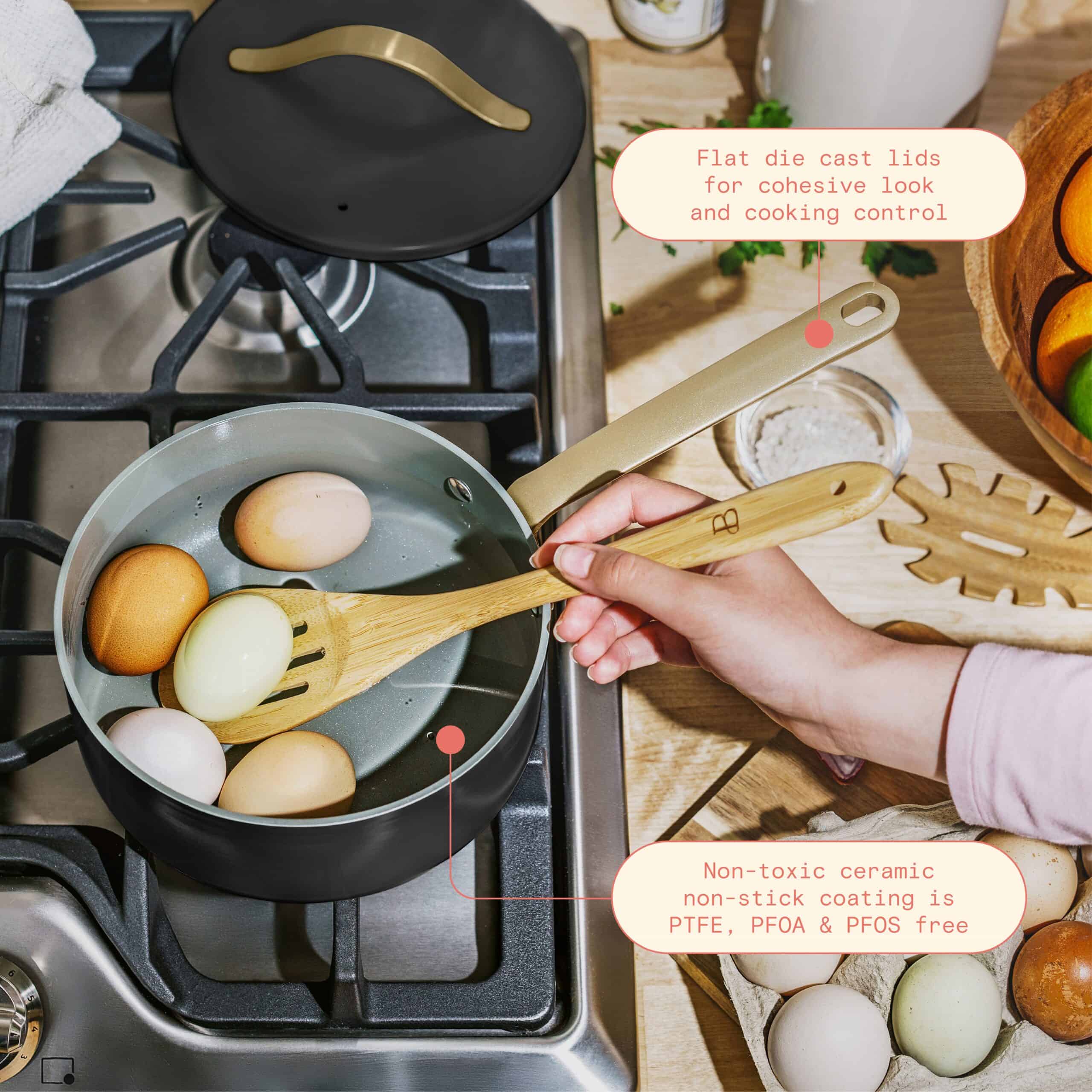 Beautiful 12pc Ceramic Non-Stick Cookware Set, Black Sesame by Drew Barrymore