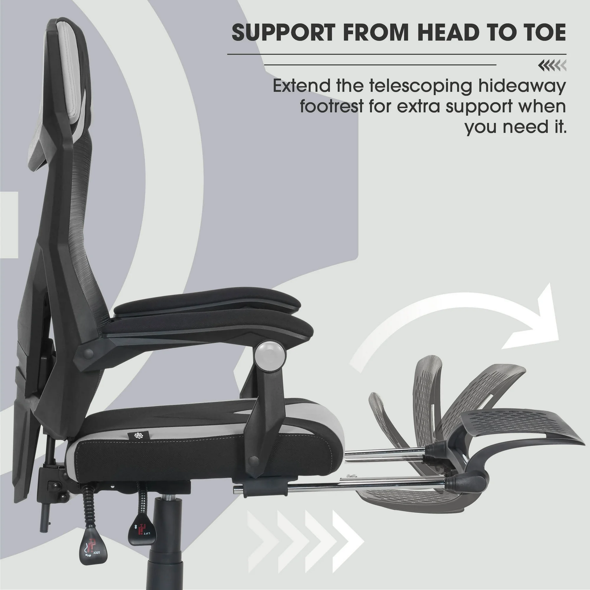 Gamer Gear Gaming Office Chair with Extendable Leg Rest, Gray/Black Fabric Upholstery