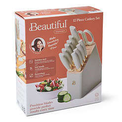 Beautiful 12pc Sage Green Stainless Steel Knife Block Set Soft-Grip Handles by Drew Barrymore