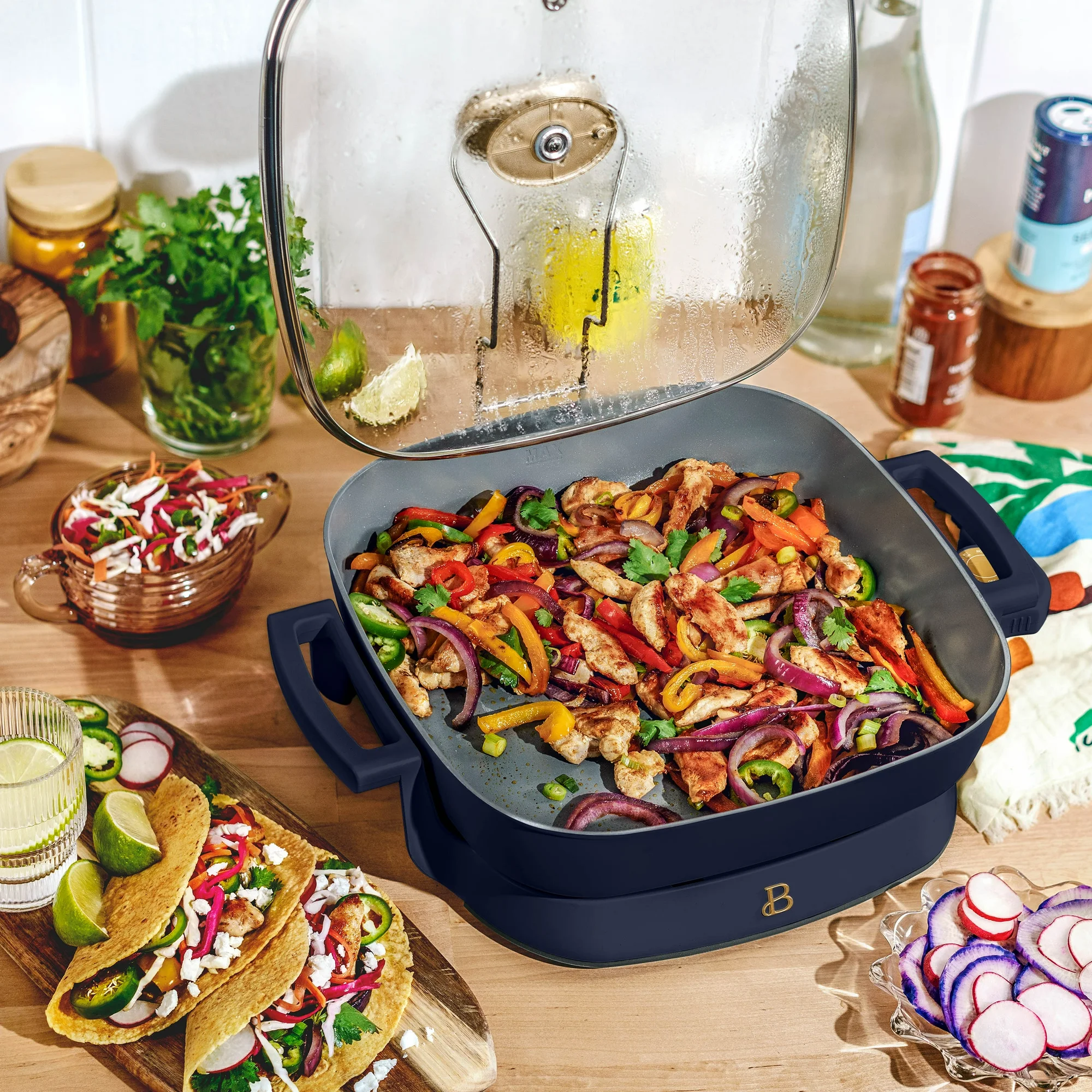 Beautiful 5 in 1 Electric Skillet - Expandable up to 7 Qt with Glass Lid, Starry Night by Drew Barrymore, Blue - Image 3