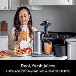 Ninja NeverClog 150 Watts Cold Press Juicer with 18oz Jug, 30oz Pulp Container, 2-Speed, Compact, Red
