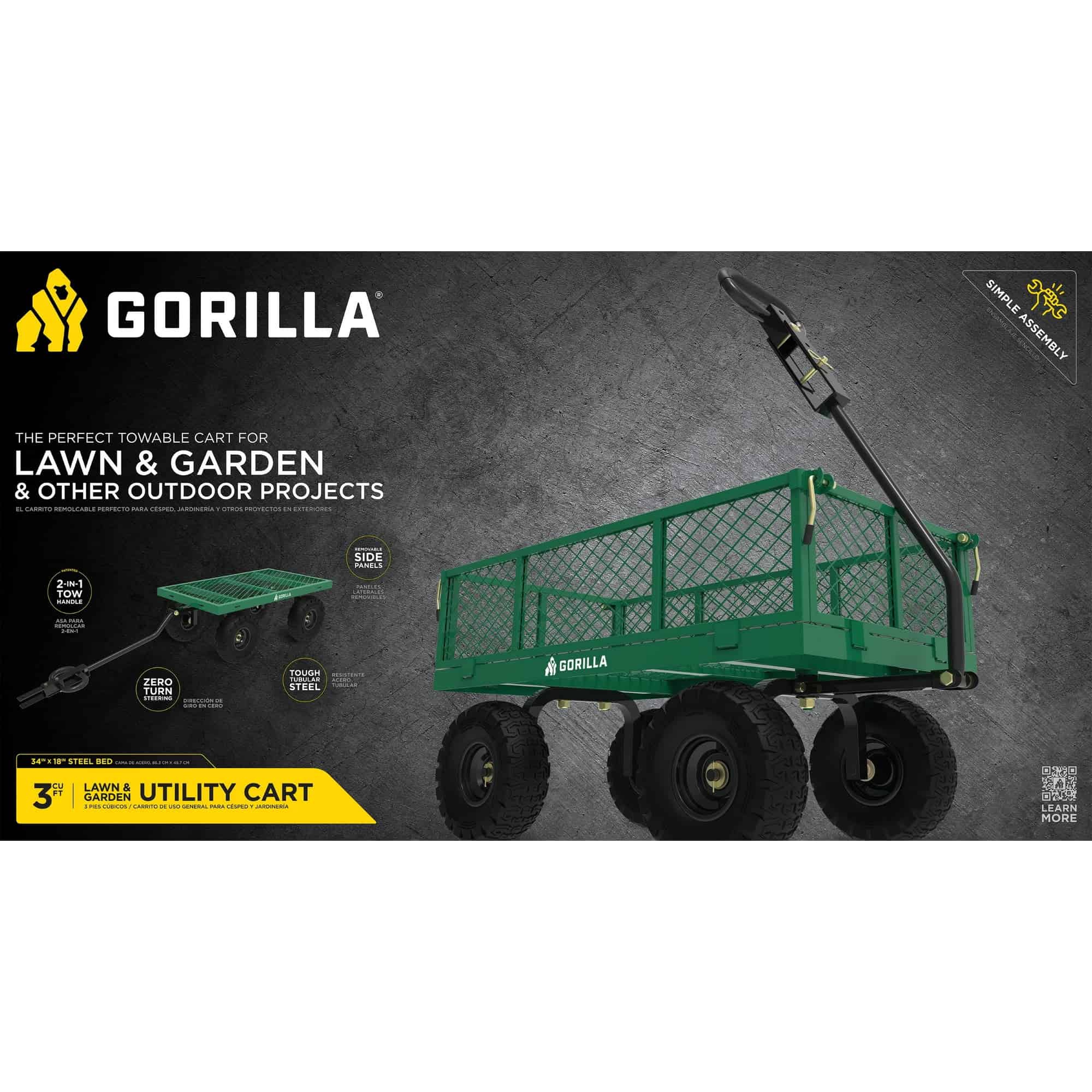 Gorilla Carts 400 lb. Capacity Steel Utility Garden Landscape Cart, 32 inch x 18 inch Steel Mesh Bed, 2 in 1 Convertible Handle