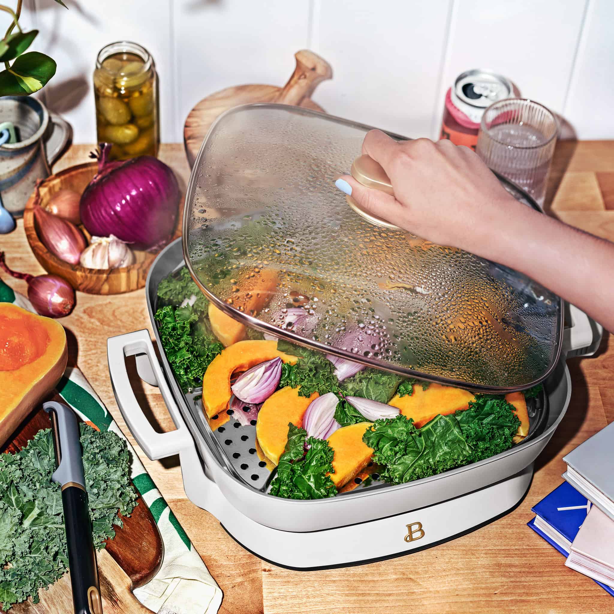 Beautiful 5 in 1 Electric Skillet - Expandable up to 7 Qt with Glass Lid, White Icing by Drew Barrymore