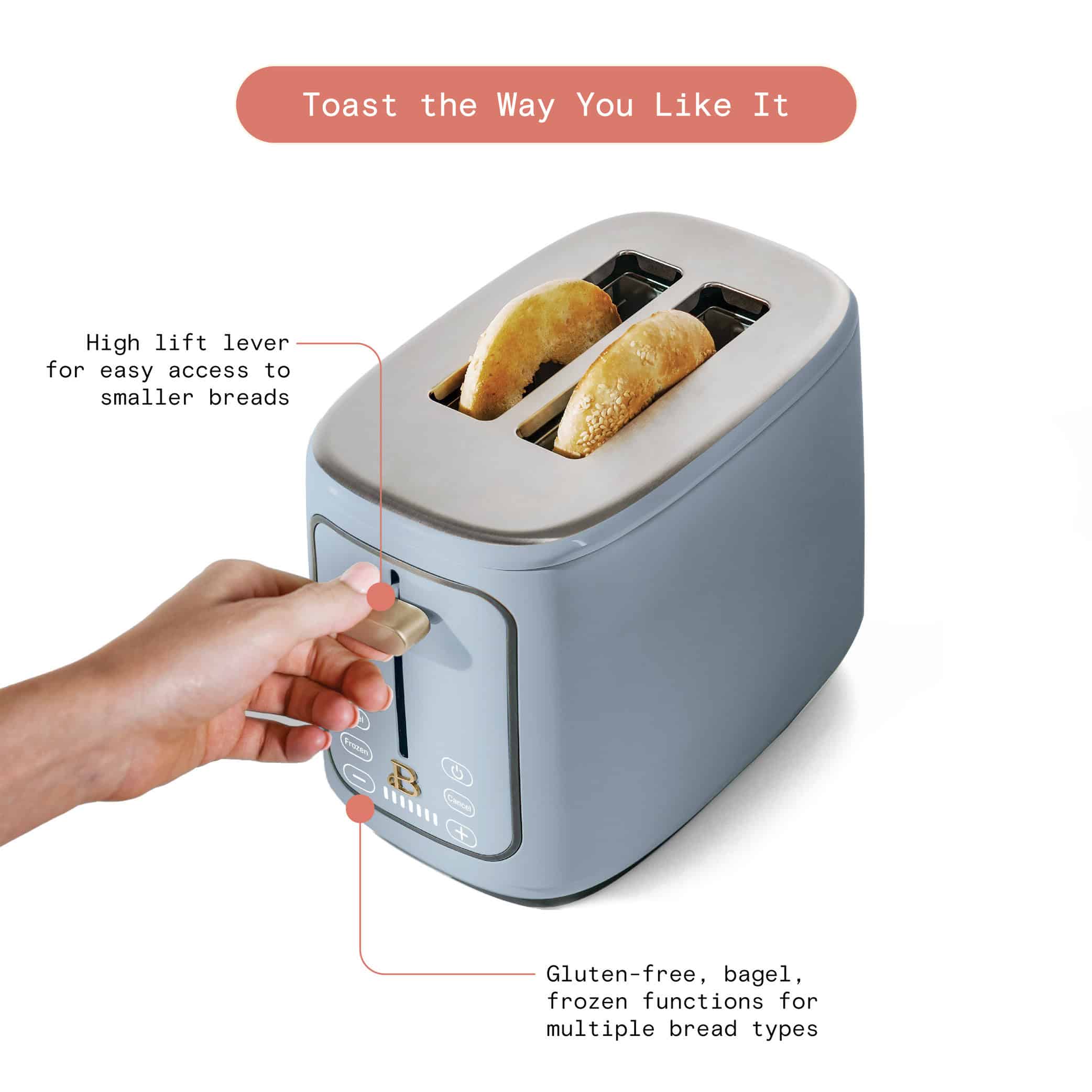Beautiful 2 Slice Toaster with Touch-Activated Display, Cornflower Blue by Drew Barrymore