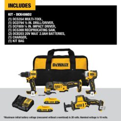 DEWALT DCK486D2 ATOMIC 20-Volt Lithium-Ion Cordless Brushless Combo Kit (4-Tool) with (2) 2.0Ah Batteries, Charger and Bag