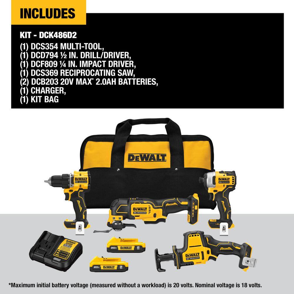 DEWALT DCK486D2 ATOMIC 20-Volt Lithium-Ion Cordless Brushless Combo Kit (4-Tool) with (2) 2.0Ah Batteries, Charger and Bag