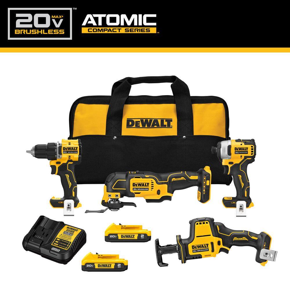DEWALT DCK486D2 ATOMIC 20-Volt Lithium-Ion Cordless Brushless Combo Kit (4-Tool) with (2) 2.0Ah Batteries, Charger and Bag