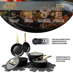Thyme & Table Signature Ribbed 12-Piece Cookware Set Non-Stick - Black & Gold