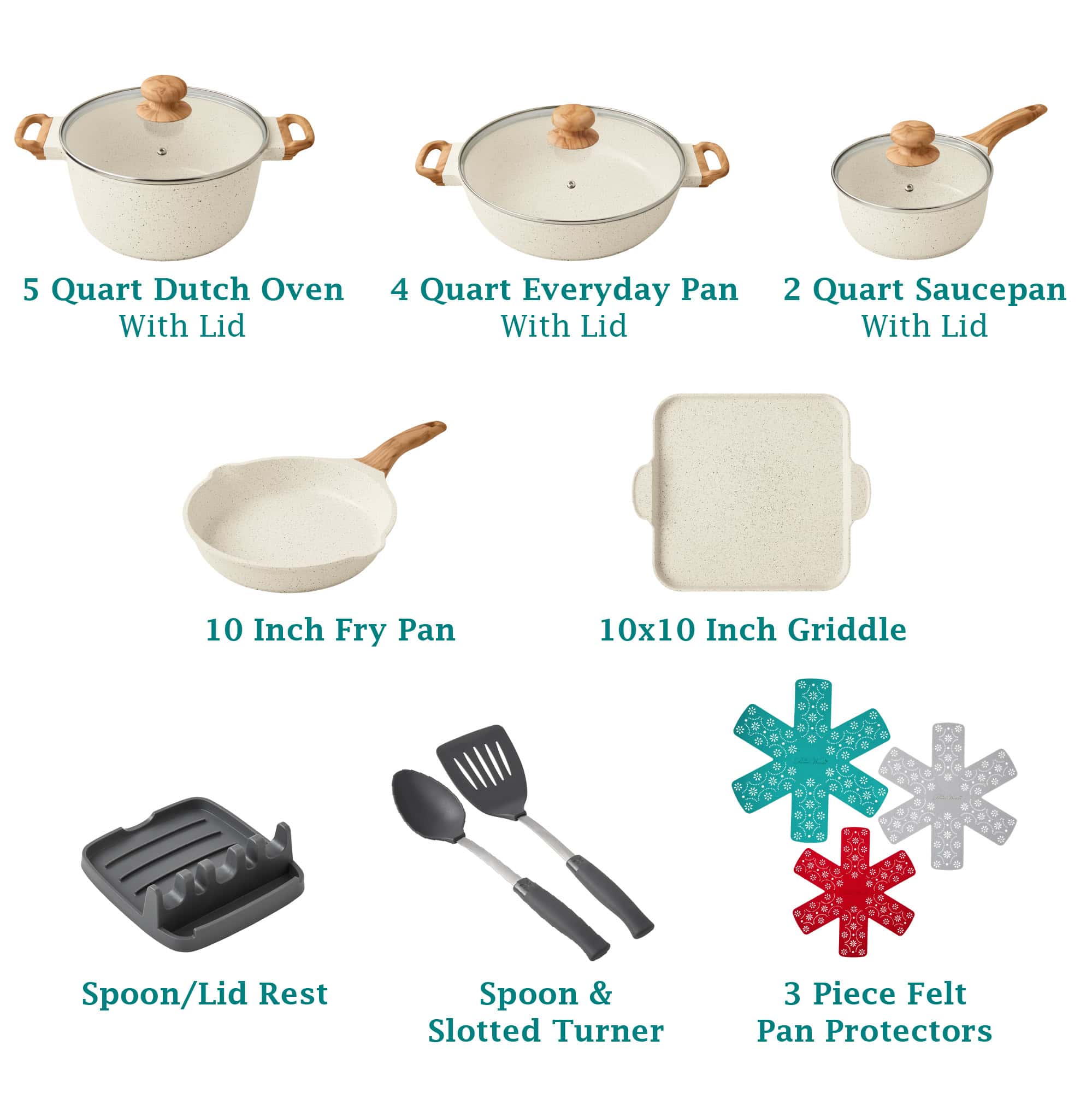 The Pioneer Woman Prairie Signature 14-Piece Cast Aluminum Cookware Set, Linen Speckle