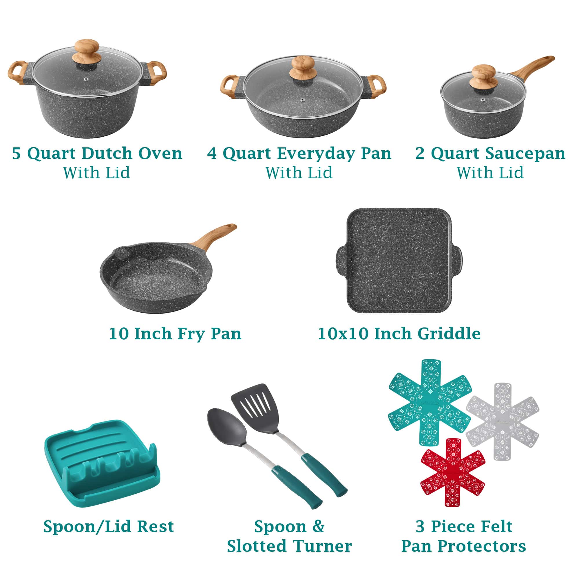 The Pioneer Woman Prairie Signature 14-Piece Cast Aluminum Cookware Set, Charcoal Speckle
