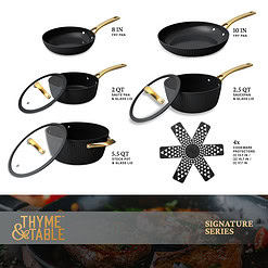 Thyme & Table Signature Ribbed 12-Piece Cookware Set Non-Stick - Black & Gold