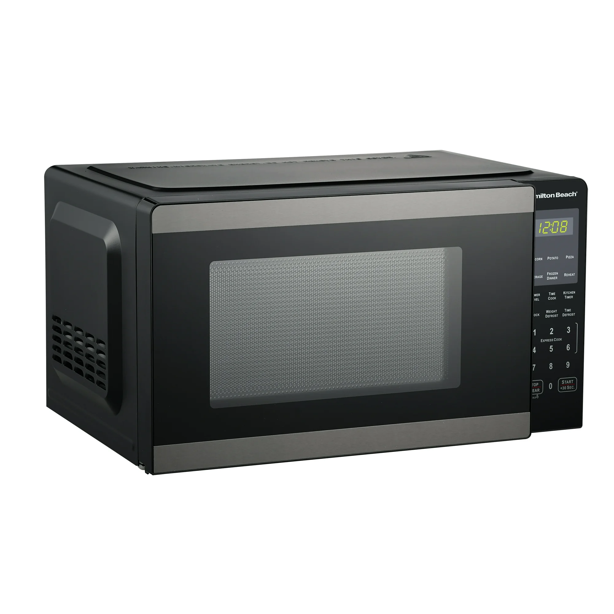 Hamilton Beach 0.9 Cu ft Countertop Microwave Oven, 900 Watts, Black Stainless Steel, New