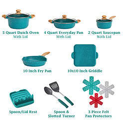 The Pioneer Woman Prairie Signature 14-Piece Cast Aluminum Cookware Set, Teal Speckle