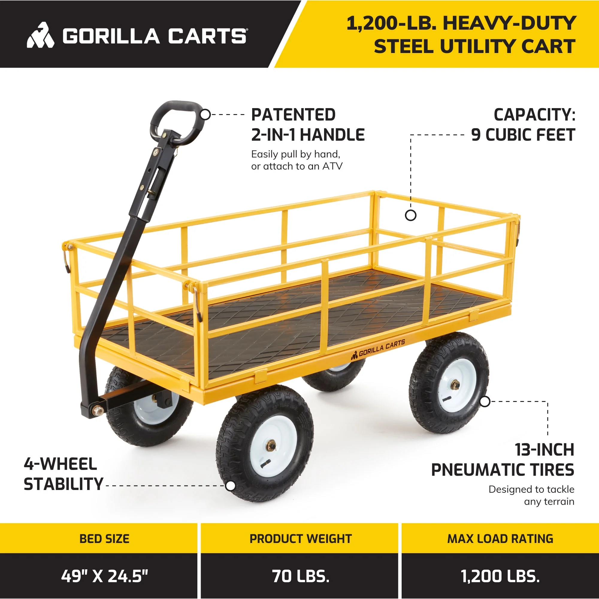Gorilla Carts GOR1201B 1200-lb. Heavy-Duty Steel Utility Cart, 13" Tires