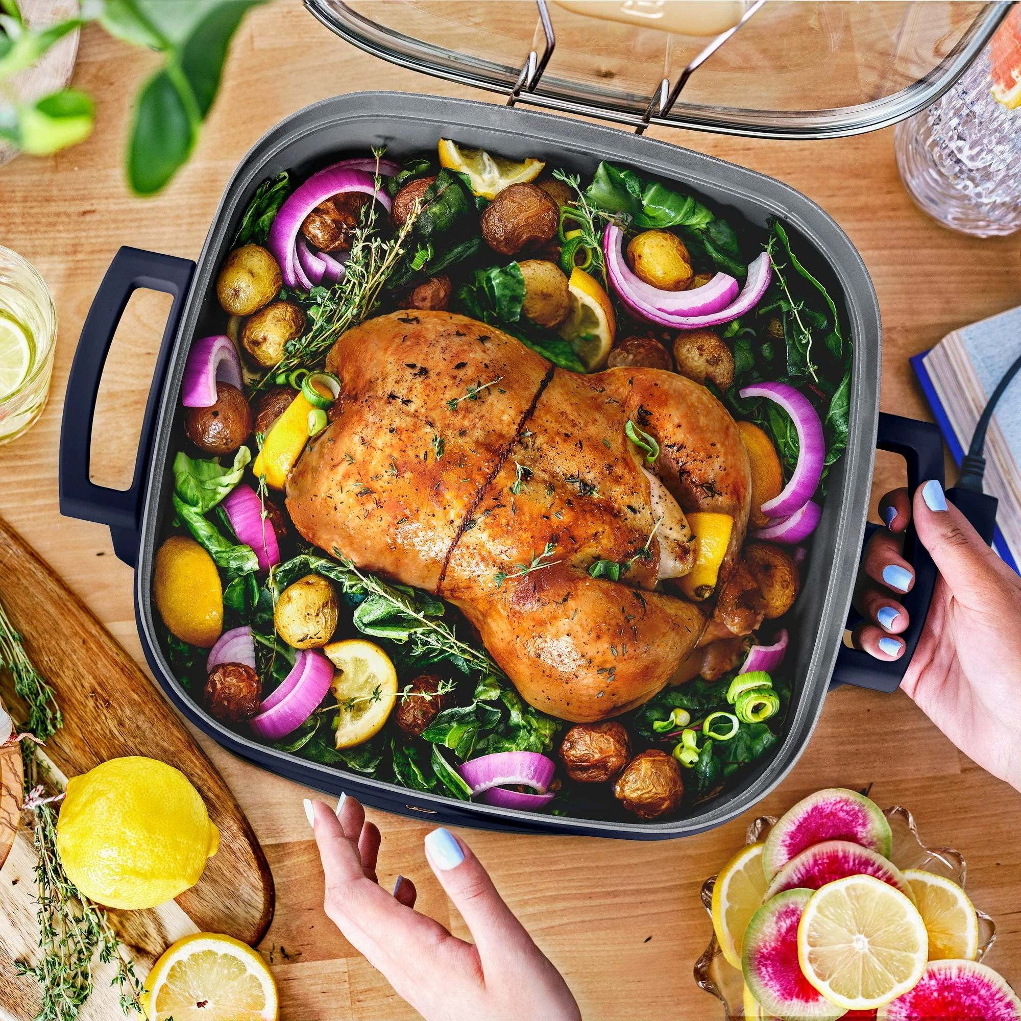 Beautiful 5 in 1 Electric Skillet - Expandable up to 7 Qt with Glass Lid, Starry Night by Drew Barrymore, Blue - Image 2
