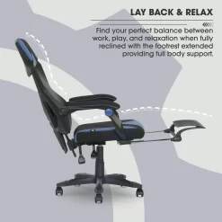 Gamer Gear Gaming Office Chair with Extendable Leg Rest, Blue/Black Fabric Upholstery