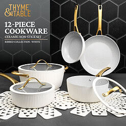 Thyme & Table Signature Ribbed 12-Piece Cookware Set Non-Stick- White & Gold