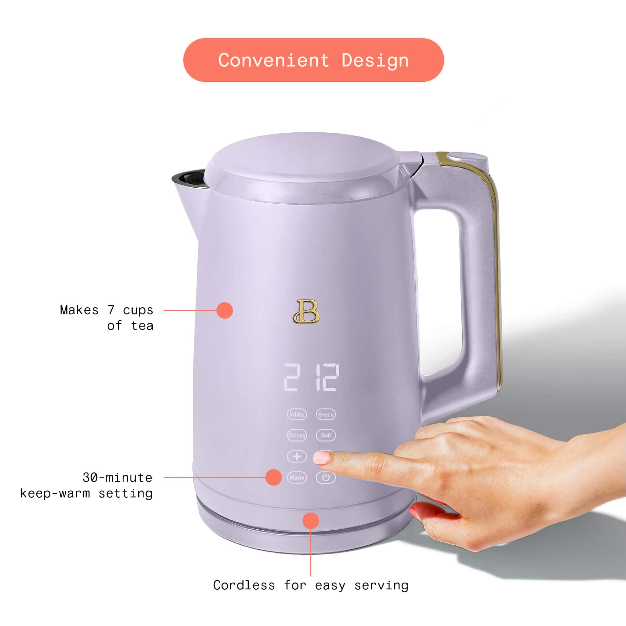 Beautiful 1.7-Liter Electric Kettle 1500 W with One-Touch Activation, Lavender by Drew Barrymore