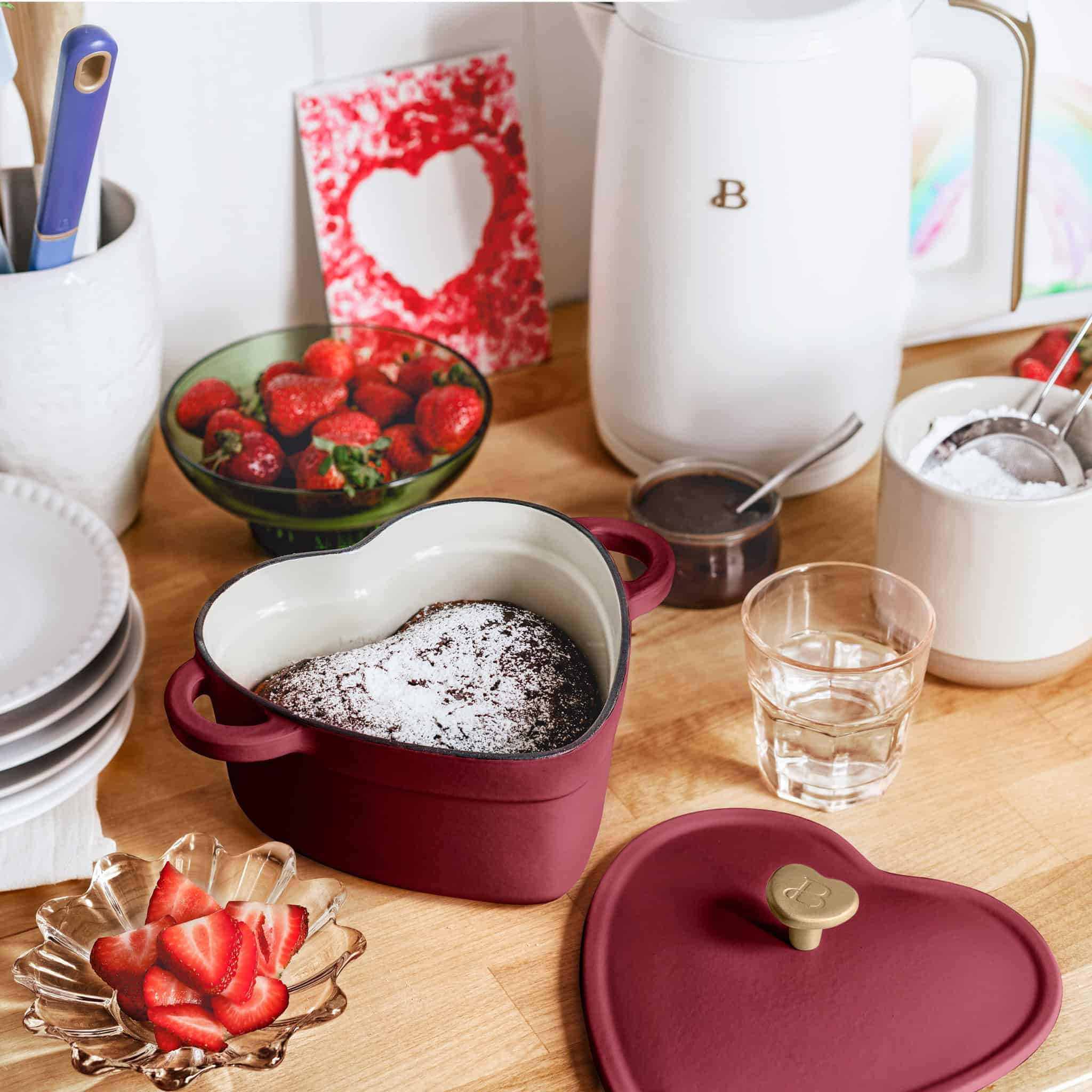 Beautiful 2QT Cast Iron Heart Shaped Dutch Oven, Merlot by Drew Barrymore