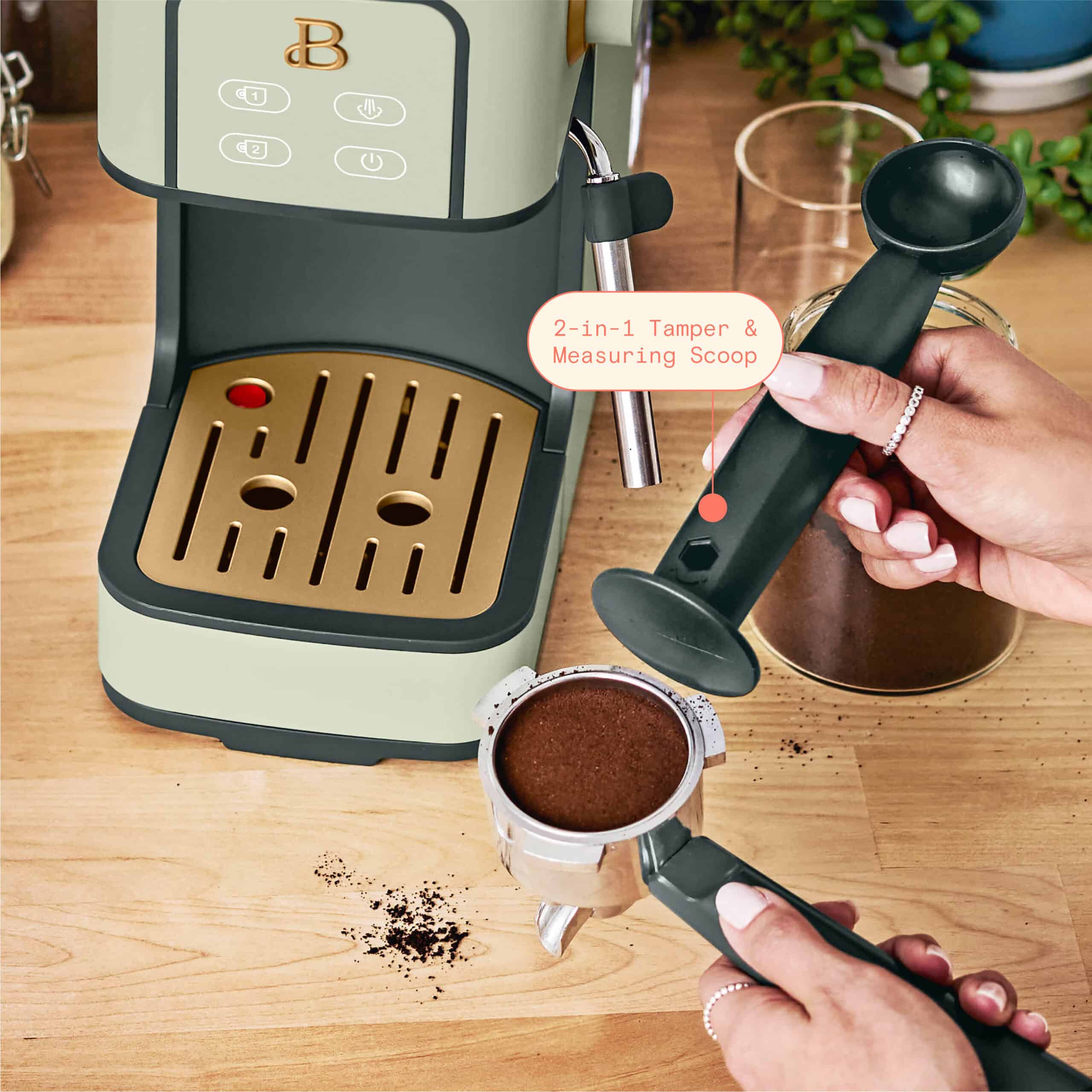 Beautiful Slim Espresso Maker with 20-Bar Pressure, Sage Green by Drew Barrymore